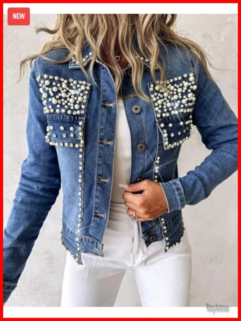 Pearls Denim Jacket Cropped Rhinestones Jean Blazer Coat